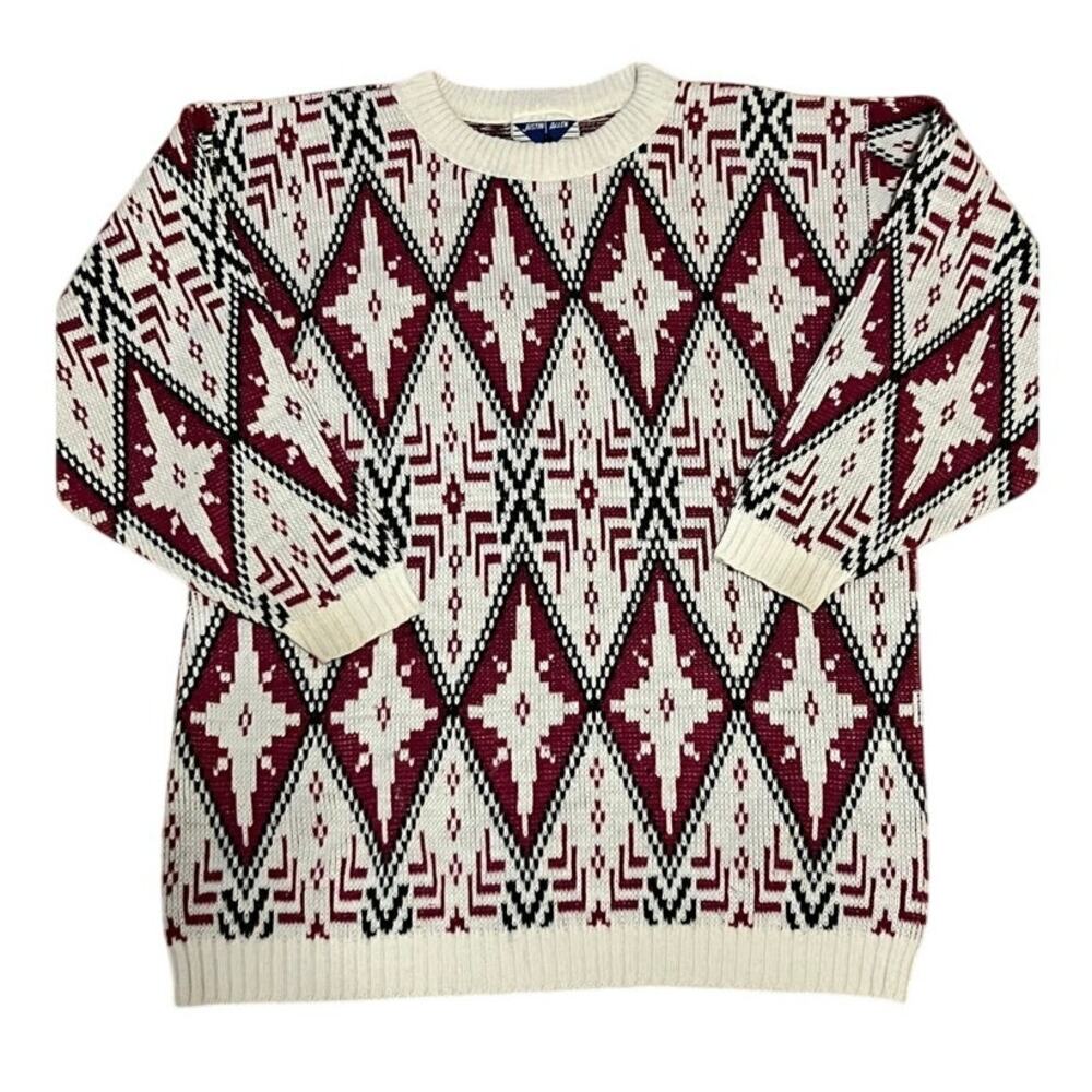 Justin Allen VTG 80s Geometric Diamond Knit Sweater Magenta White Size L